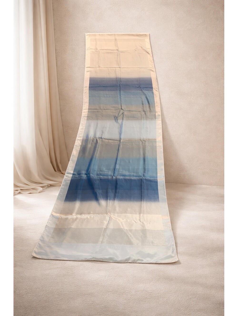 CHANEL Silk Ombre Blue Ivory Logo Weave Shawl Wrap 145in Box Authentic Vintage